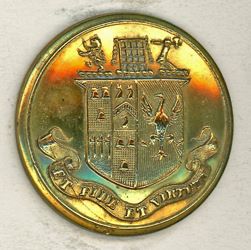 25-5.1.1 Coats of arms only (must have family shield) - achievement shield, triple crest (lion, portcullis & arm holding a hatchet on torses), family motto on banner - gilded brass - 1" 25-5.1.1 Coats of arms only (must have family shield) - achievement shield, triple crest (lion, portcullis & arm holding a hatchet on torses), family motto on banner - gilded brass - 1"